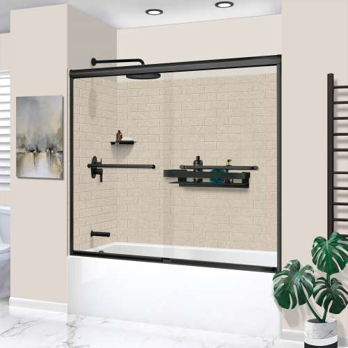 KTAFS603660L-28MB 60-in x 36-in x 80-in 7-Piece Glue-on Saramar Shower/Tub Kit with Door Faucet and Accessories, Cashew/Matte Black