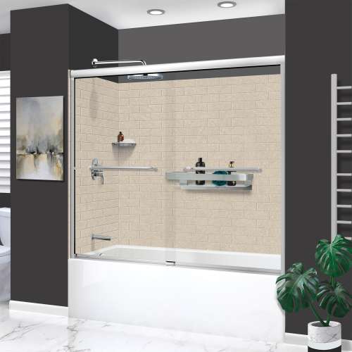 KTAFS603660L-28PC 60-in x 36-in x 80-in 7-Piece Glue-on Saramar Shower/Tub Kit with Door Faucet and Accessories, Cashew/Polished Chrome