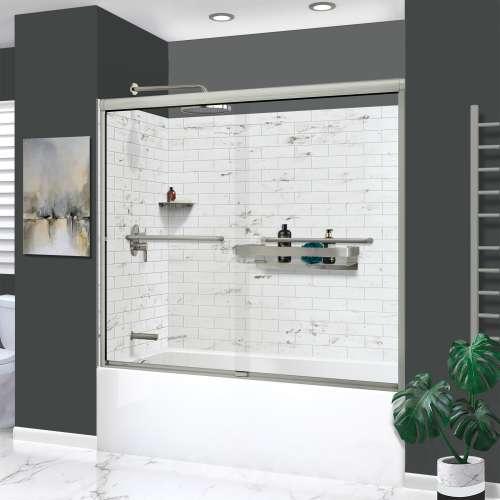 KTAFS603660L-47BS 60-in x 36-in x 80-in 7-Piece Glue-on Saramar Shower/Tub Kit with Door Faucet and Accessories, White Venito/Brushed Stainless