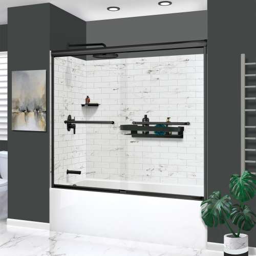 KTAFS603660L-47MB 60-in x 36-in x 80-in 7-Piece Glue-on Saramar Shower/Tub Kit with Door Faucet and Accessories, White Venito/Matte Black