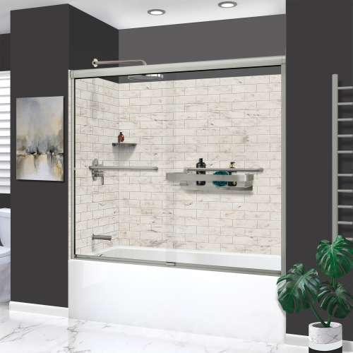 KTAFS603660L-48BS 60-in x 36-in x 80-in 7-Piece Glue-on Saramar Shower/Tub Kit with Door Faucet and Accessories, Biscotti Marble/Brushed Stainless