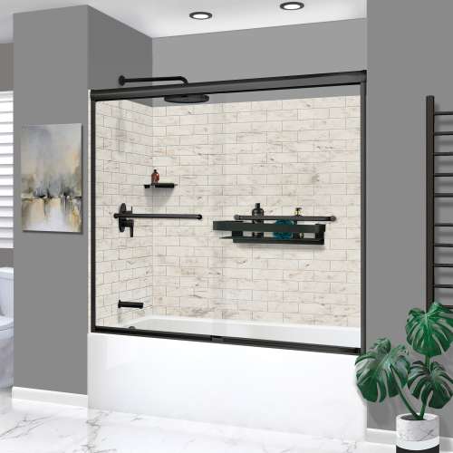 KTAFS603660L-48MB 60-in x 36-in x 80-in 7-Piece Glue-on Saramar Shower/Tub Kit with Door Faucet and Accessories, Biscotti Marble/Matte Black