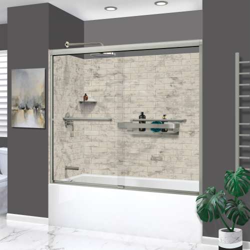 KTAFS603660L-49BS 60-in x 36-in x 80-in 7-Piece Glue-on Saramar Shower/Tub Kit with Door Faucet and Accessories, Sand Creme/Brushed Stainless