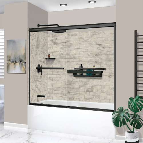 KTAFS603660L-49MB 60-in x 36-in x 80-in 7-Piece Glue-on Saramar Shower/Tub Kit with Door Faucet and Accessories, Sand Creme/Matte Black