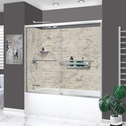 KTAFS603660L-49PC 60-in x 36-in x 80-in 7-Piece Glue-on Saramar Shower/Tub Kit with Door Faucet and Accessories, Sand Creme/Polished Chrome