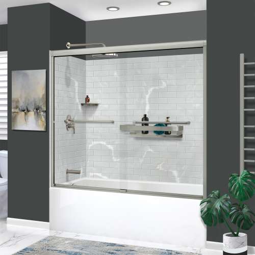 KTAFS603660L-50BS 60-in x 36-in x 80-in 7-Piece Glue-on Saramar Shower/Tub Kit with Door Faucet and Accessories, Lunar/Brushed Stainless