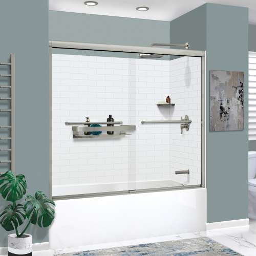 KTAFS603660R-21BS 60-in x 36-in x 80-in 7-Piece Glue-on Saramar Shower/Tub Kit with Door Faucet and Accessories, White/Brushed Stainless