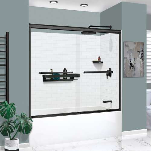 KTAFS603660R-21MB 60-in x 36-in x 80-in 7-Piece Glue-on Saramar Shower/Tub Kit with Door Faucet and Accessories, White/Matte Black