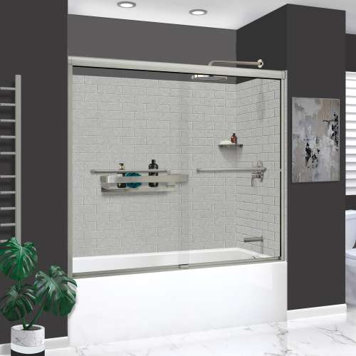 KTAFS603660R-27BS 60-in x 36-in x 80-in 7-Piece Glue-on Saramar Shower/Tub Kit with Door Faucet and Accessories, Grey Beach/Brushed Stainless