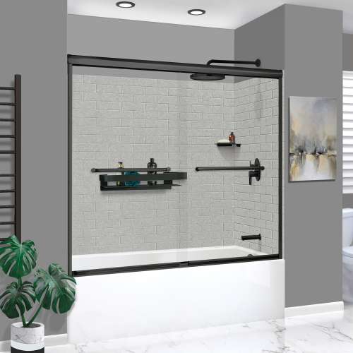 KTAFS603660R-27MB 60-in x 36-in x 80-in 7-Piece Glue-on Saramar Shower/Tub Kit with Door Faucet and Accessories, Grey Beach/Matte Black