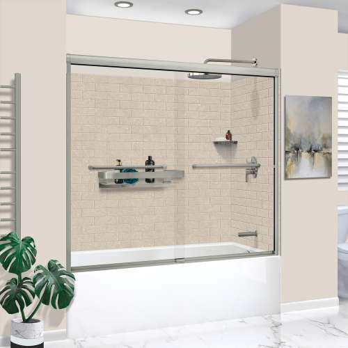 KTAFS603660R-28BS 60-in x 36-in x 80-in 7-Piece Glue-on Saramar Shower/Tub Kit with Door Faucet and Accessories, Cashew/Brushed Stainless