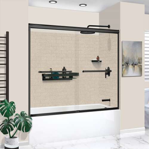 KTAFS603660R-28MB 60-in x 36-in x 80-in 7-Piece Glue-on Saramar Shower/Tub Kit with Door Faucet and Accessories, Cashew/Matte Black