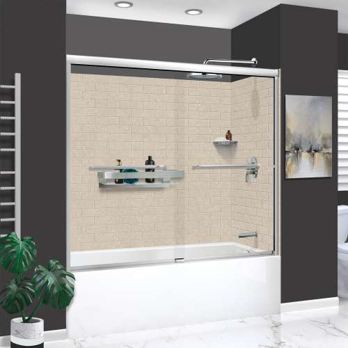 KTAFS603660R-28PC 60-in x 36-in x 80-in 7-Piece Glue-on Saramar Shower/Tub Kit with Door Faucet and Accessories, Cashew/Polished Chrome