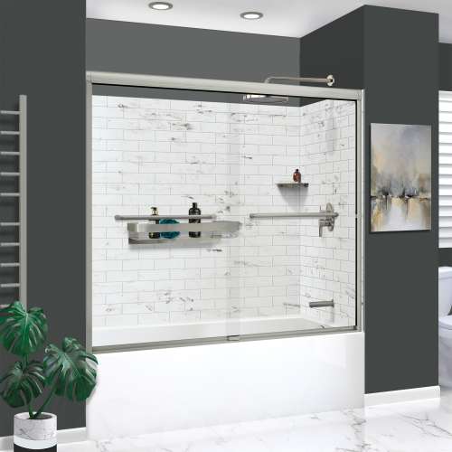 KTAFS603660R-47BS 60-in x 36-in x 80-in 7-Piece Glue-on Saramar Shower/Tub Kit with Door Faucet and Accessories, White Venito/Brushed Stainless