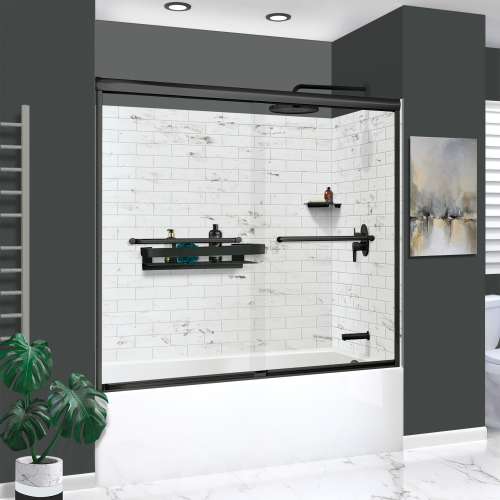 KTAFS603660R-47MB 60-in x 36-in x 80-in 7-Piece Glue-on Saramar Shower/Tub Kit with Door Faucet and Accessories, White Venito/Matte Black