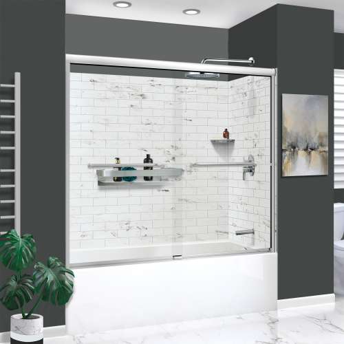 KTAFS603660R-47PC 60-in x 36-in x 80-in 7-Piece Glue-on Saramar Shower/Tub Kit with Door Faucet and Accessories, White Venito/Polished Chrome