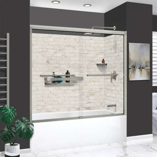 KTAFS603660R-48BS 60-in x 36-in x 80-in 7-Piece Glue-on Saramar Shower/Tub Kit with Door Faucet and Accessories, Biscotti Marble/Brushed Stainless