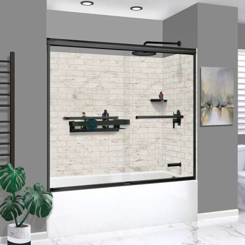 KTAFS603660R-48MB 60-in x 36-in x 80-in 7-Piece Glue-on Saramar Shower/Tub Kit with Door Faucet and Accessories, Biscotti Marble/Matte Black