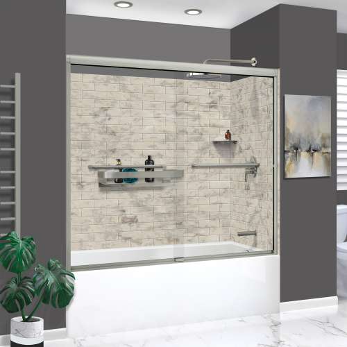 KTAFS603660R-49BS 60-in x 36-in x 80-in 7-Piece Glue-on Saramar Shower/Tub Kit with Door Faucet and Accessories, Sand Creme/Brushed Stainless