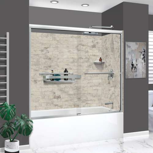 KTAFS603660R-49PC 60-in x 36-in x 80-in 7-Piece Glue-on Saramar Shower/Tub Kit with Door Faucet and Accessories, Sand Creme/Polished Chrome