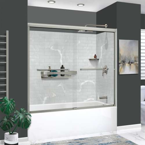 KTAFS603660R-50BS 60-in x 36-in x 80-in 7-Piece Glue-on Saramar Shower/Tub Kit with Door Faucet and Accessories, Lunar/Brushed Stainless