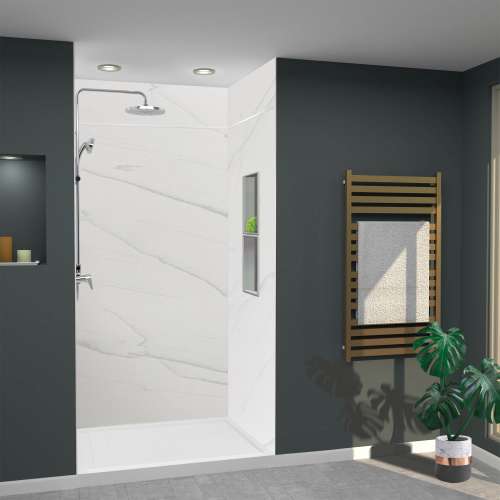 LWKX48368412-181 Lusso 48-in x 36-in x 84/12-in Glue To Wall 6-Piece Transition Shower Wall Kit, Palladio White