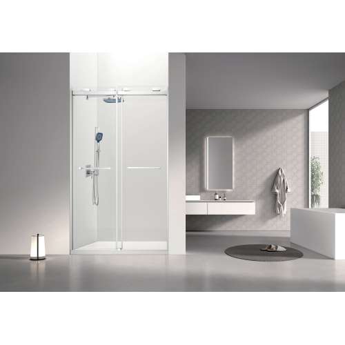 OBPT488008C-BS Olenna 48-in x 80-in Bypass Shower Door With 5/16-in Clear Glass And Riley Handles, Brushed Stainless