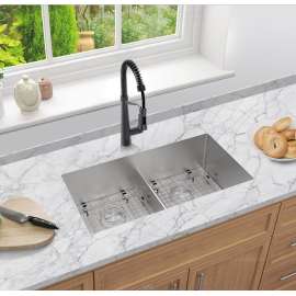 32-in x 17-in x 10-in 18-Gauge Equal Double Bowls Rimless Stainless Steel Kitchen Sink With Low Divide, RDE321710