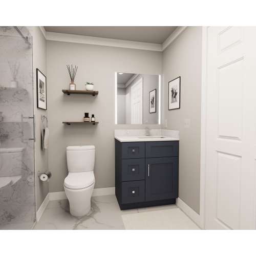 30-in x 21-in x 35-in Ready To Assemble Shaker Vanity Combo Base Cabinet With Three Drawers on Left, Navy Blue