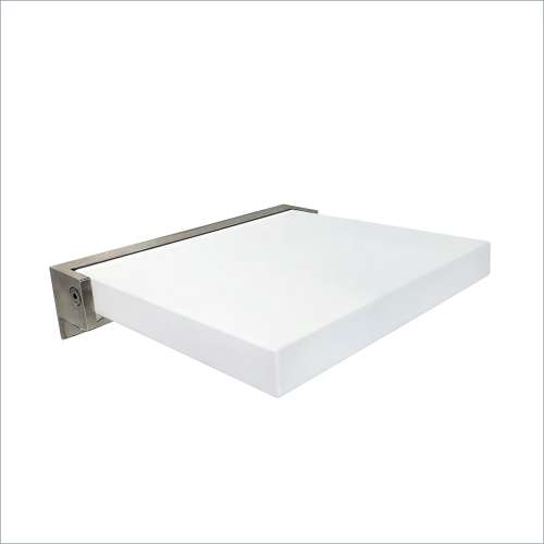 Preston flip-up fold-down padded shower seat in white and brushed stainless, 14 in. W x 13.75 in. D, by Transolid, PPS1414UP-01BS