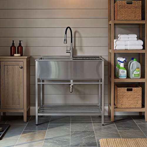 TFH-3622-SS 36-in. Stainless Steel Laundry Sink with Wash Stand in Brushed Satin